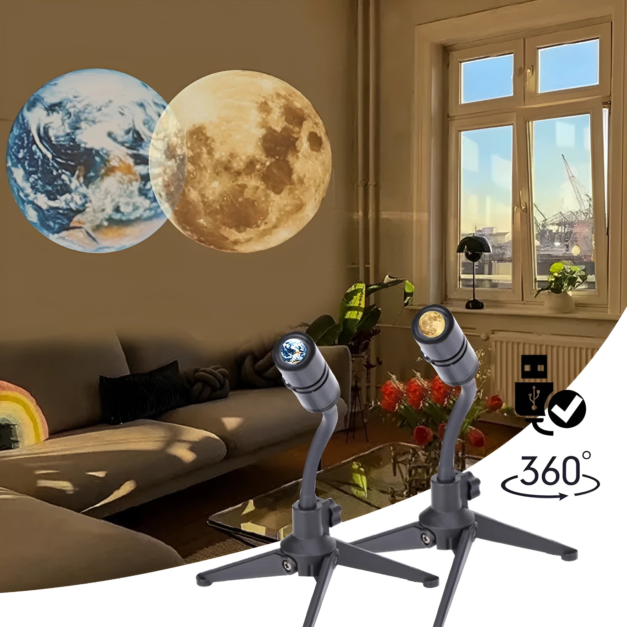 Earth and moon projection night light with flexible hose bracket on a bedside table.