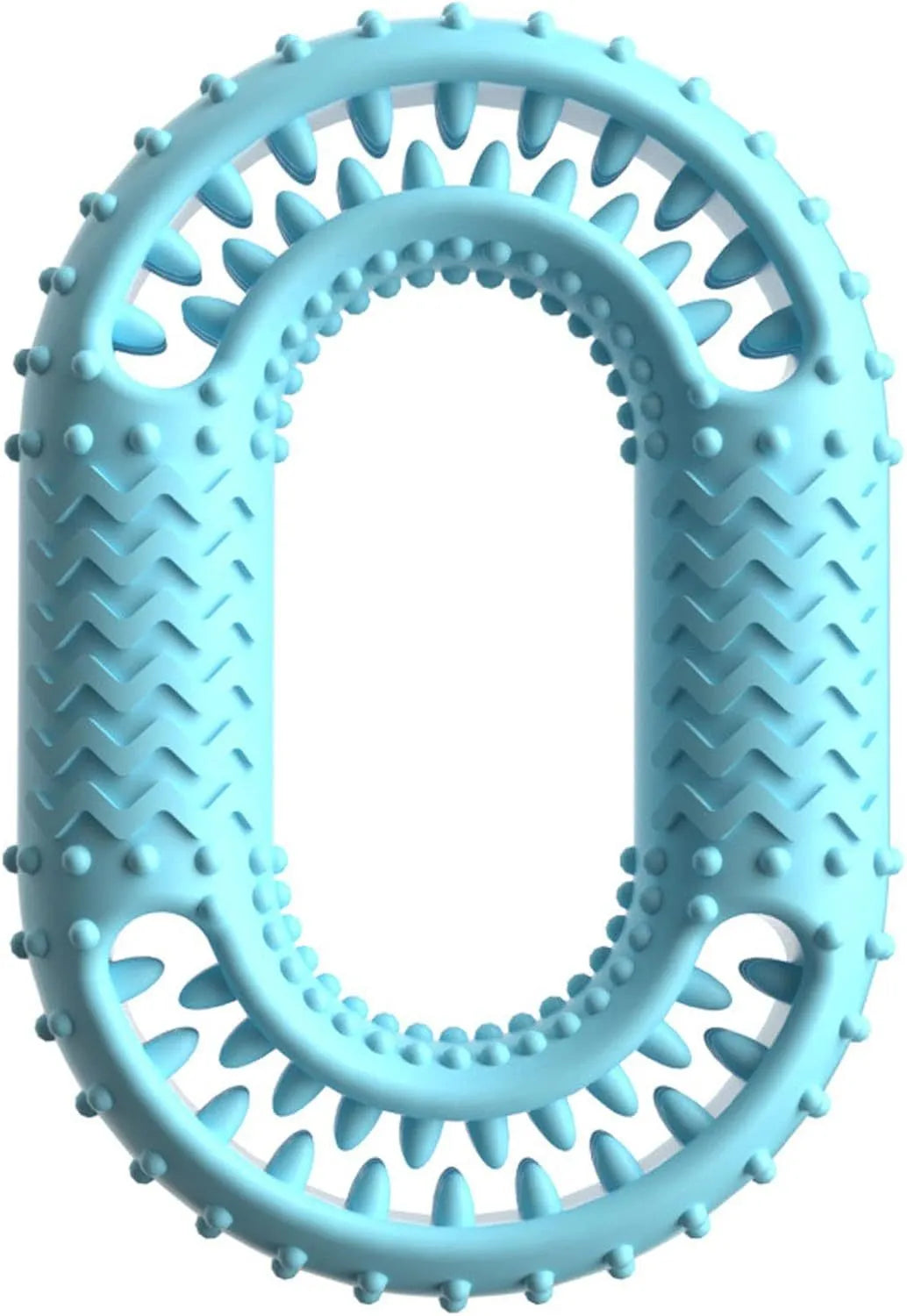 Blue, green, and pink O-ring shaped durable dog chew toy for aggressive chewers.