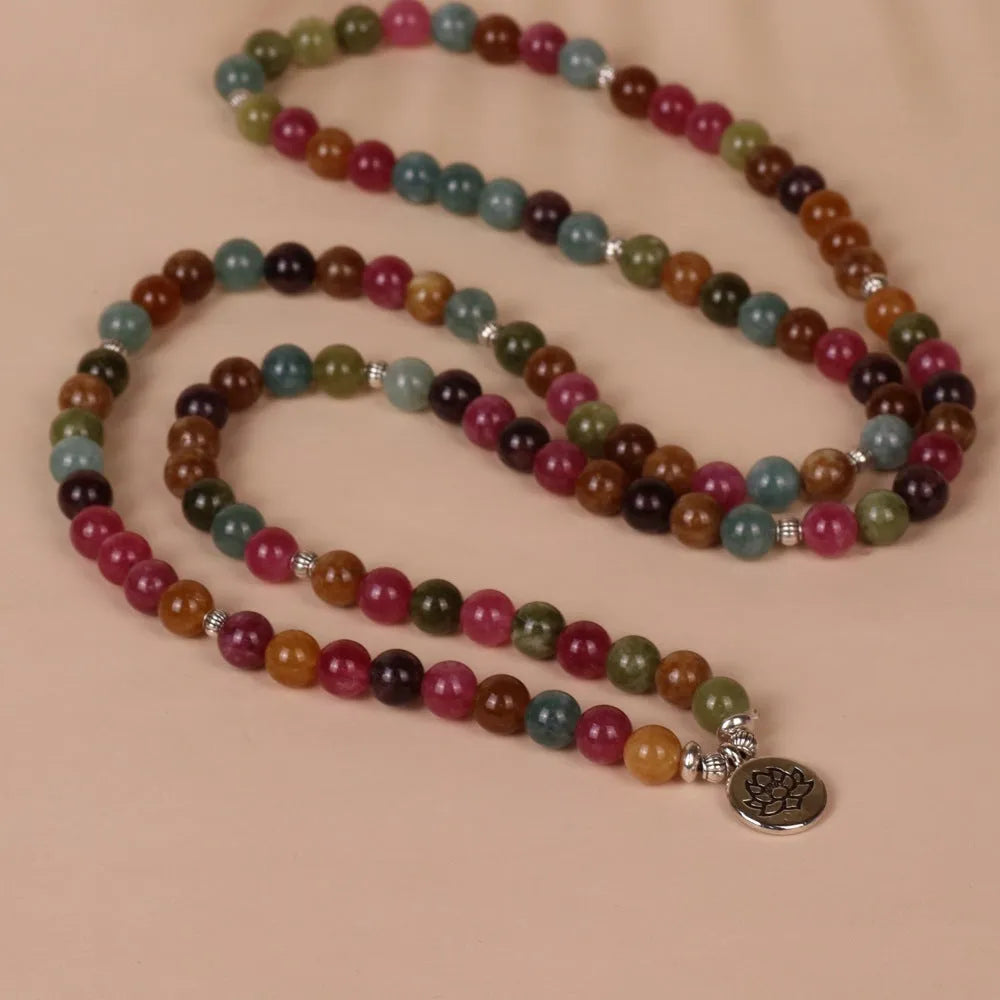 108-bead lotus hanging bracelet with tourmaline beads on adjustable multi-layer alloy string