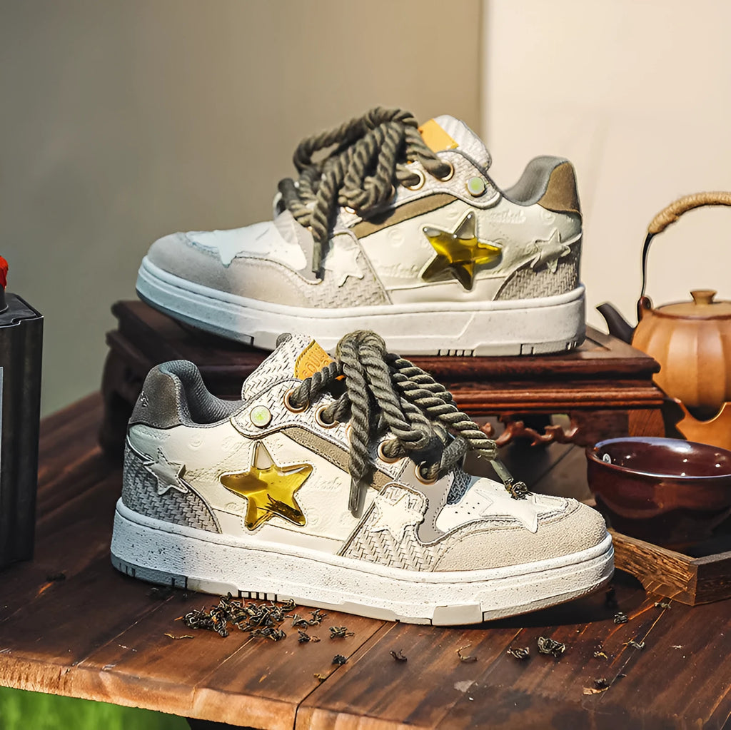 Leather platform running shoes in West Lake dragon well tea colour with round toe and lace-up design