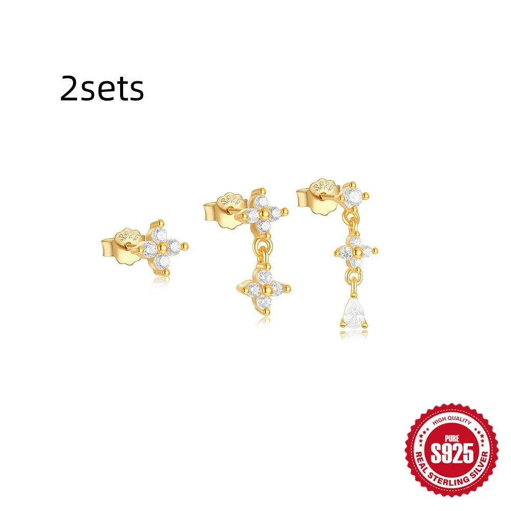 S925 sterling silver geometric tassel earrings in gold tone, three-piece set for women