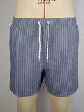 Men's striped beach shorts in polyester blend fabric, showing straight leg opening and available colour options.