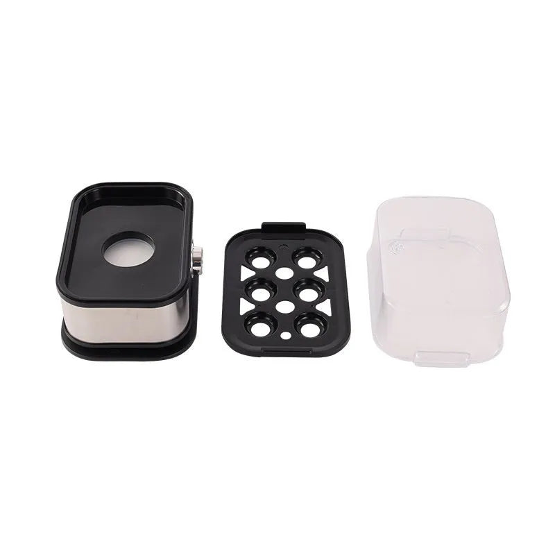 Black stainless steel portable egg boiler with belt clip for travel cooking