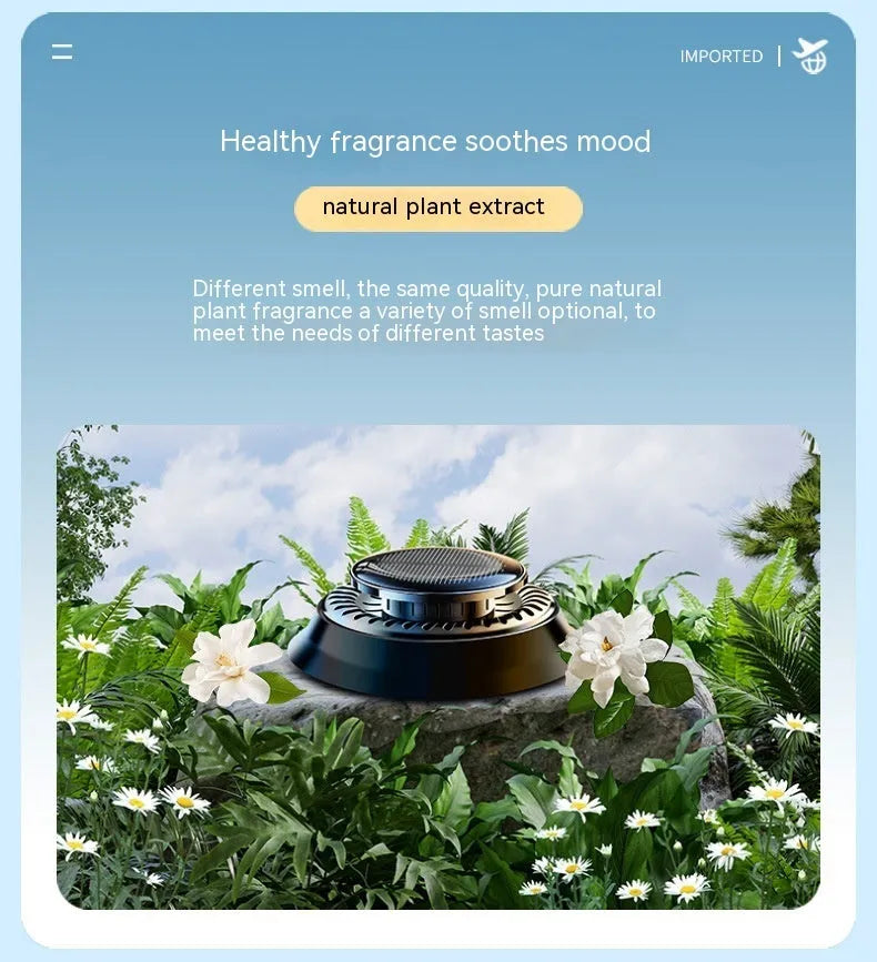 Solar-powered kinetic car air freshener with rotating double rings on a car dashboard.