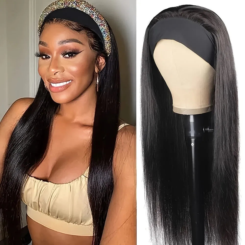 Headband wig with long straight or curly high temperature fibre hair in black or wine red colours