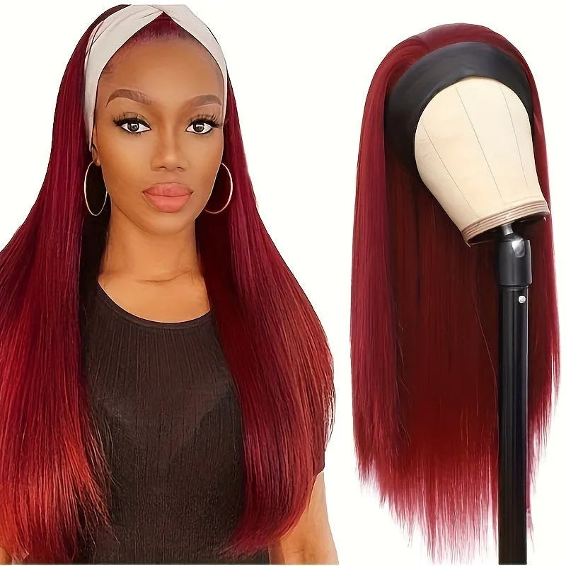 Headband wig with long straight or curly high temperature fibre hair in black or wine red colours