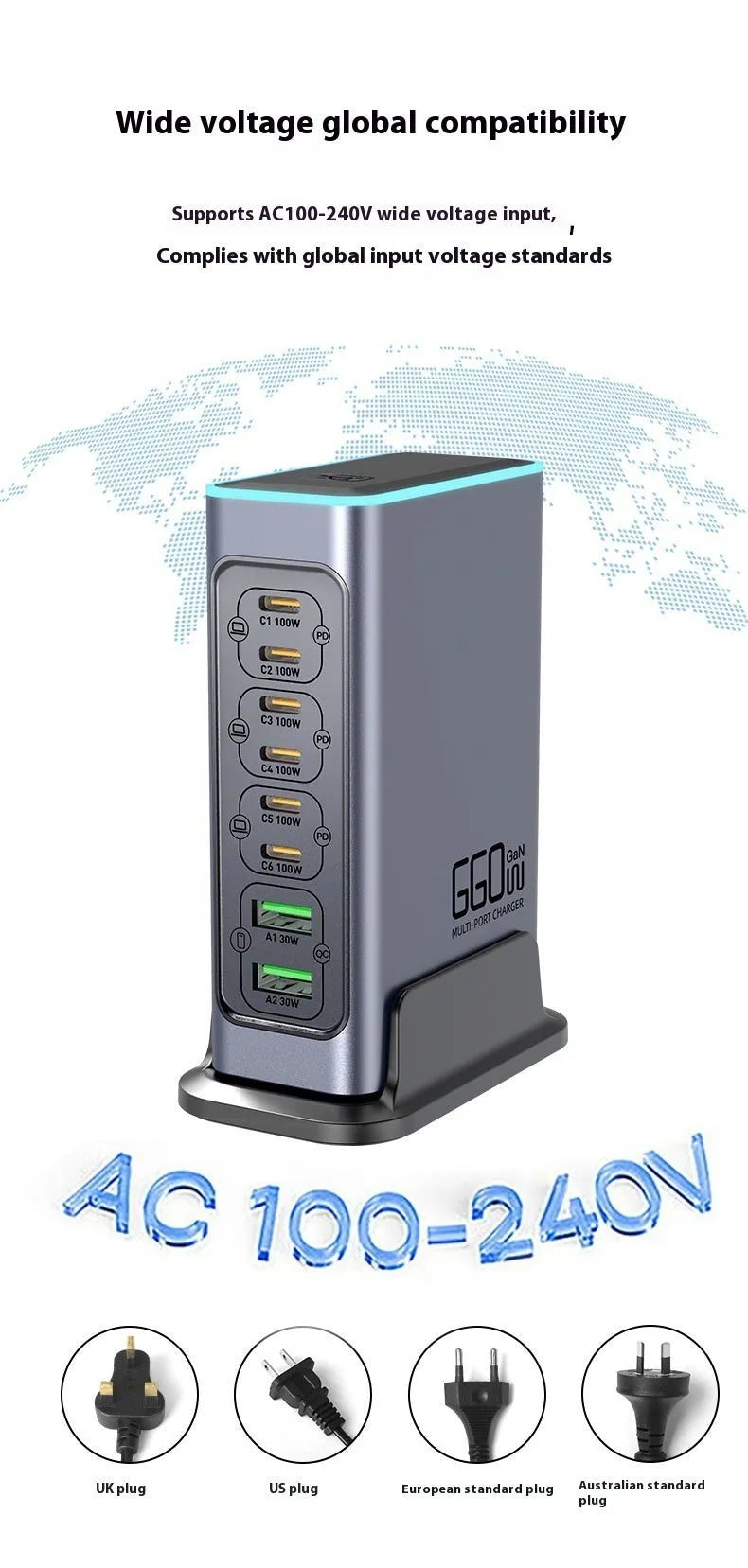 660W Gallium Nitride desktop fast charger with multiple ports for phones and tablets