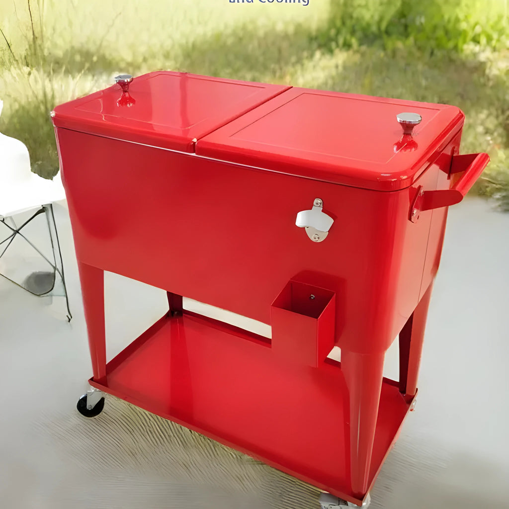 Red iron insulated trolley cooler with wheels for outdoor events and picnics