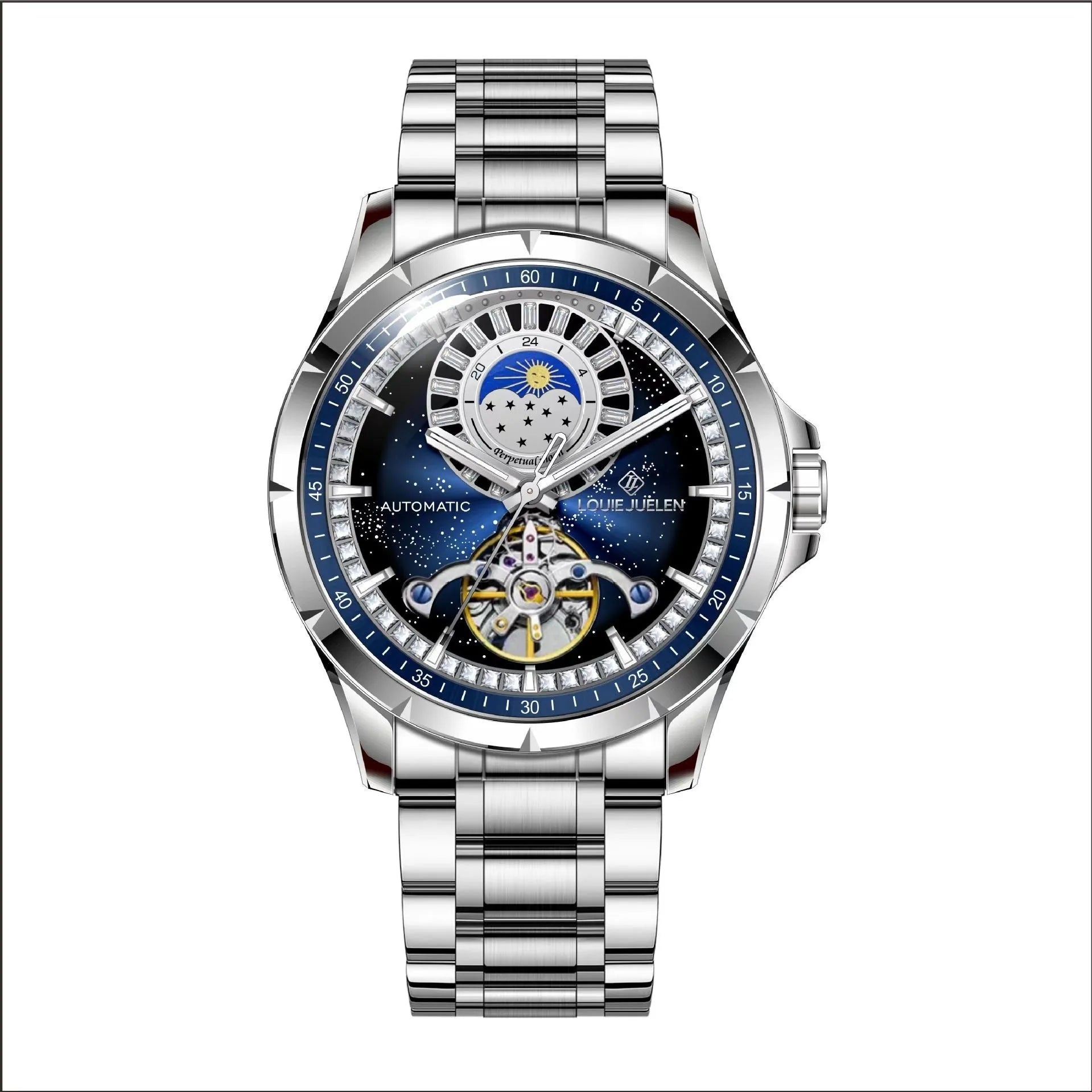 Men's silver automatic mechanical watch with blue dial on stainless steel strap