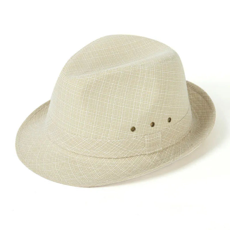 A men's fedora hat for mature gentlemen in thickened suit material or linen, shown in classic colours.