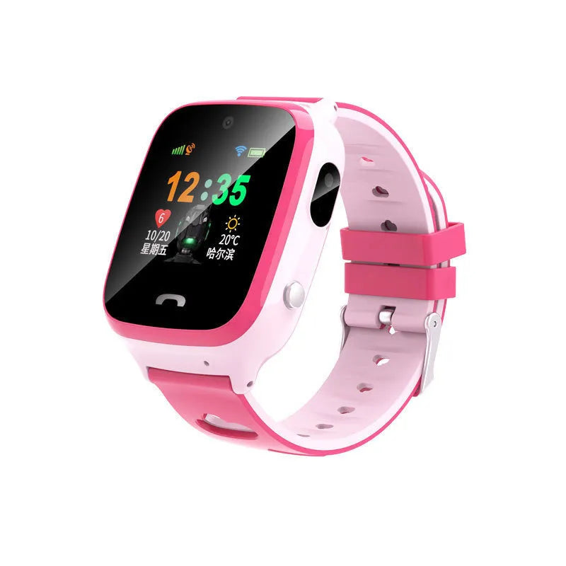 Children's smartwatch with touch screen showing positioning display on blue silicone wristband