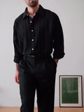 Men's black pinstripe button-down shirt with regular fit and long sleeves