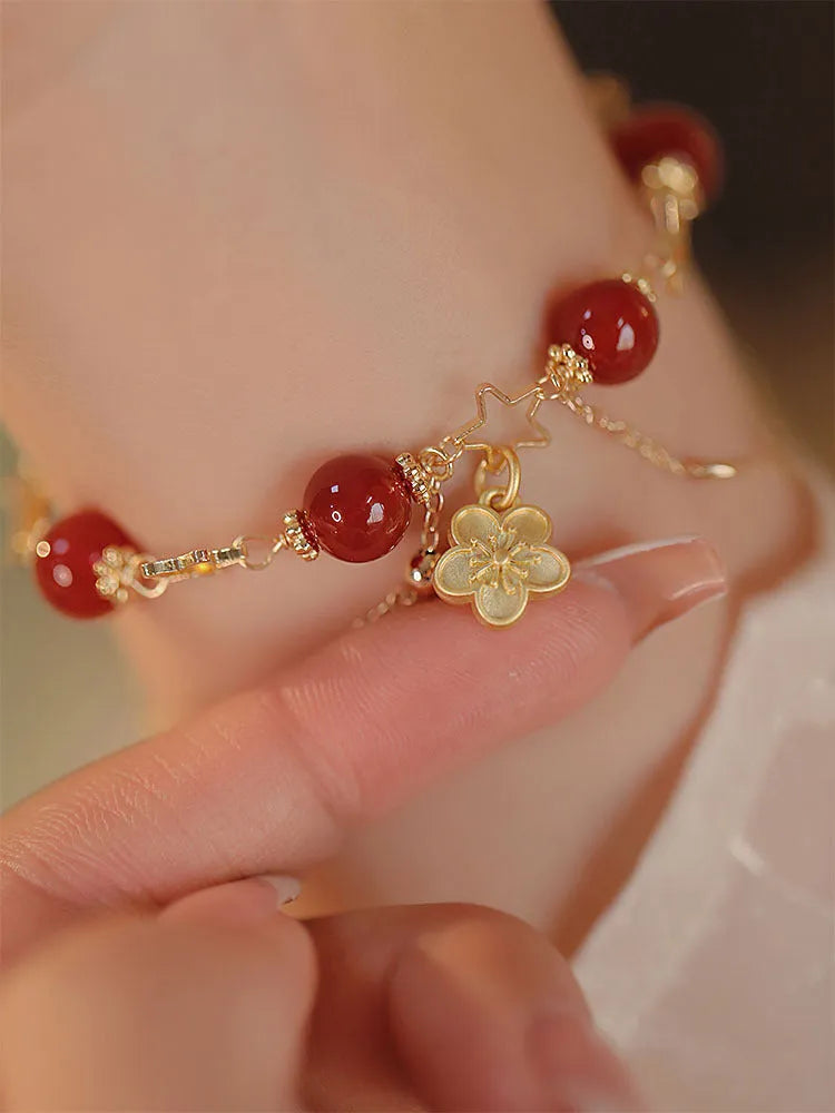 Red agate double layer bracelet with floral patterns for women