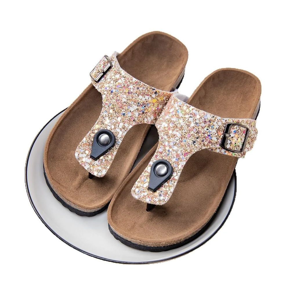 Cork flip-flops with frosted finish in pink silver gold colours and non-slip PVC sole
