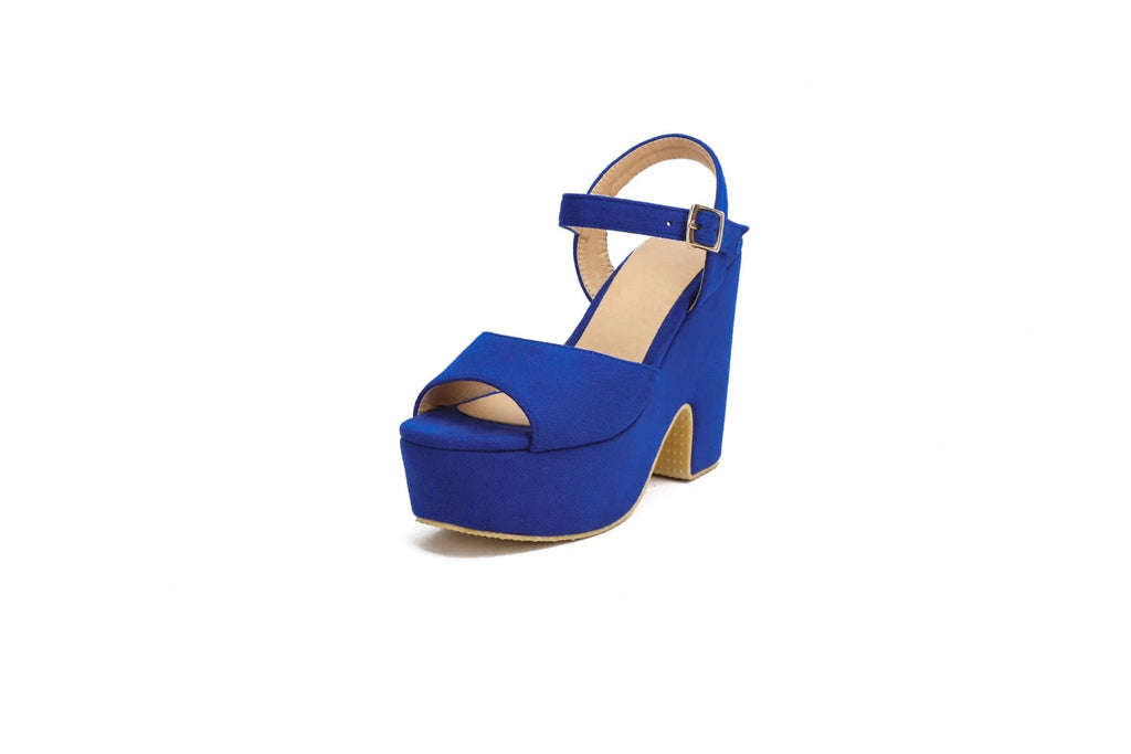 Black suede plus size platform sandals with ankle straps and open toe design for women