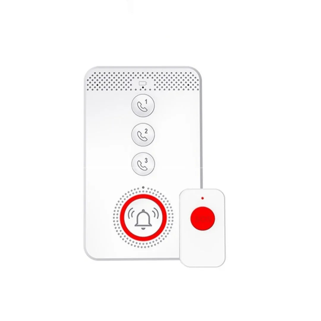 White emergency alert system with central buzzer unit and three wearable emergency buttons