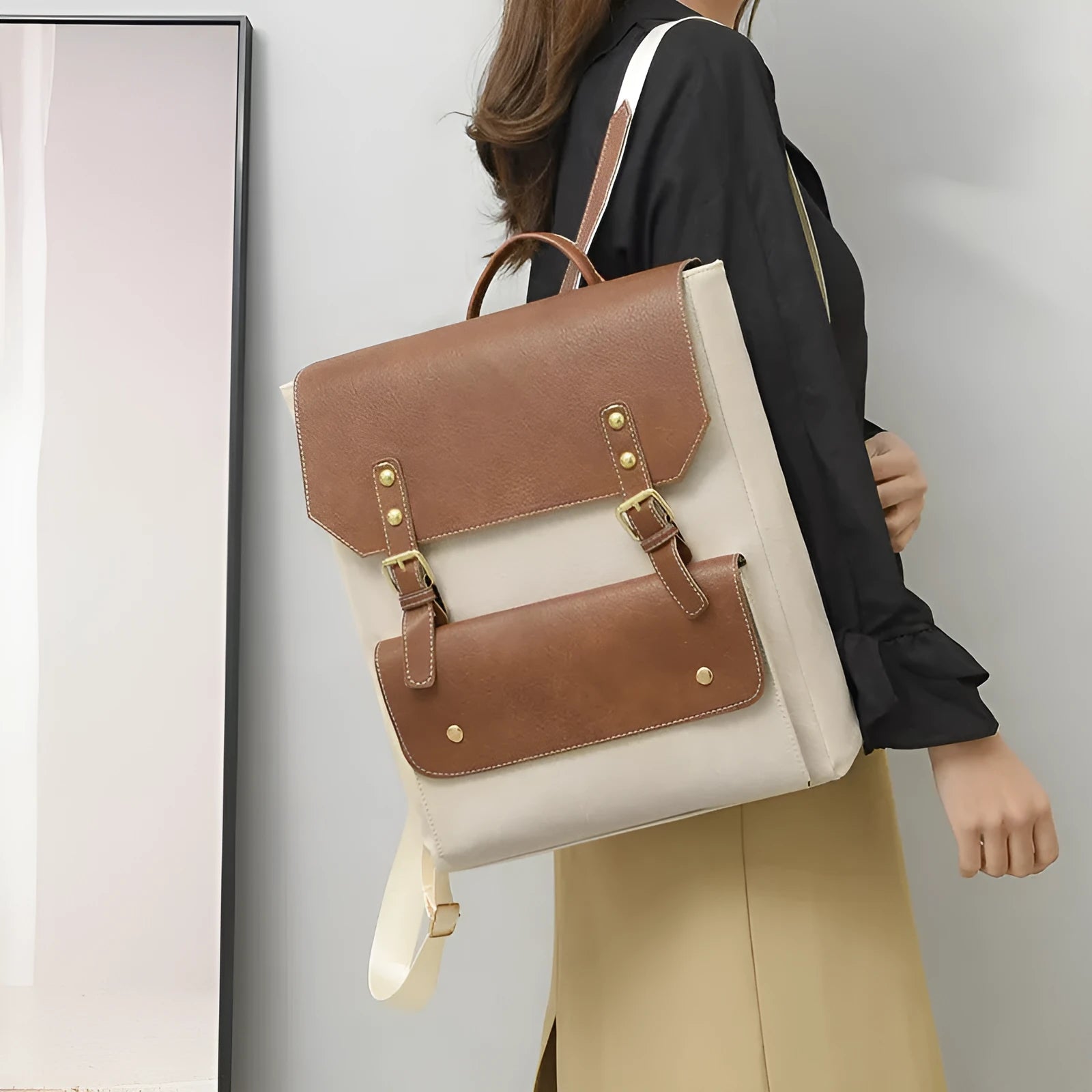 Korean retro style backpack in soft PU leather showing ventilation features and available colour options