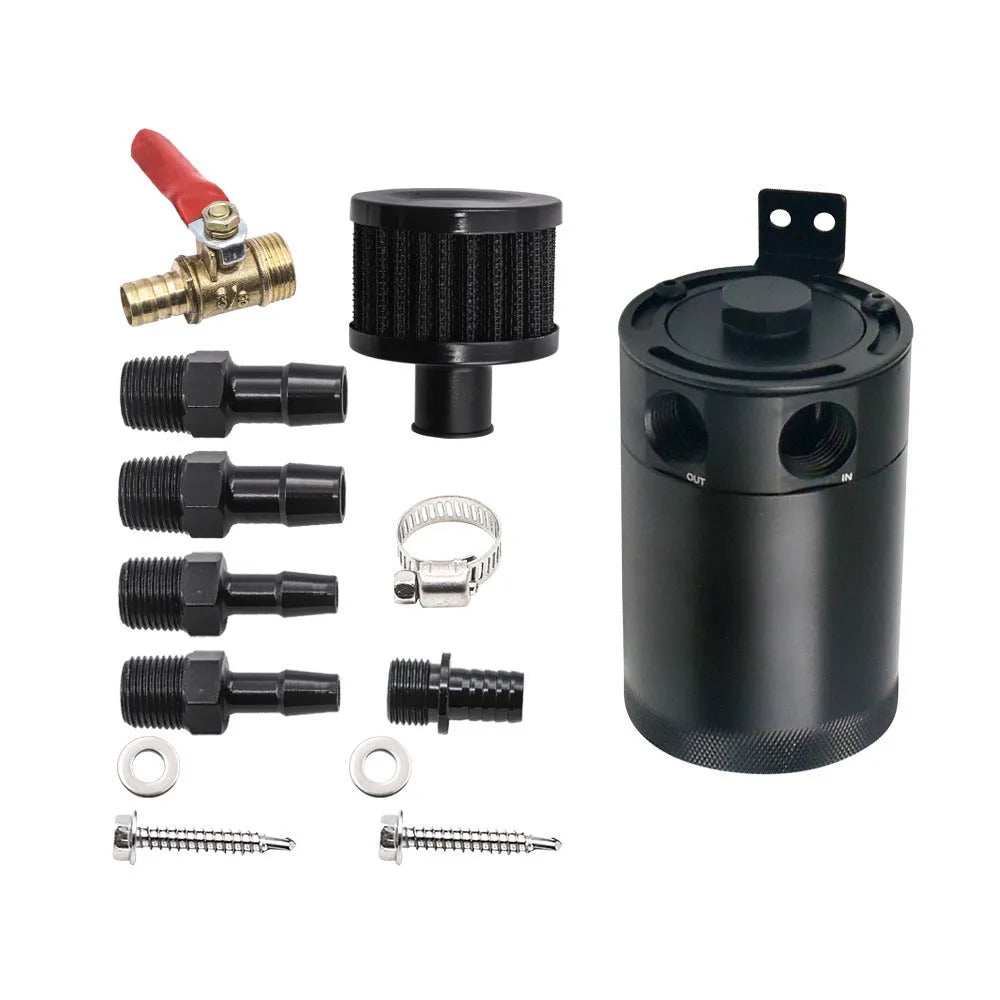 Black automotive aluminium oil pot with two-hole design and optional drain valve for workshop use