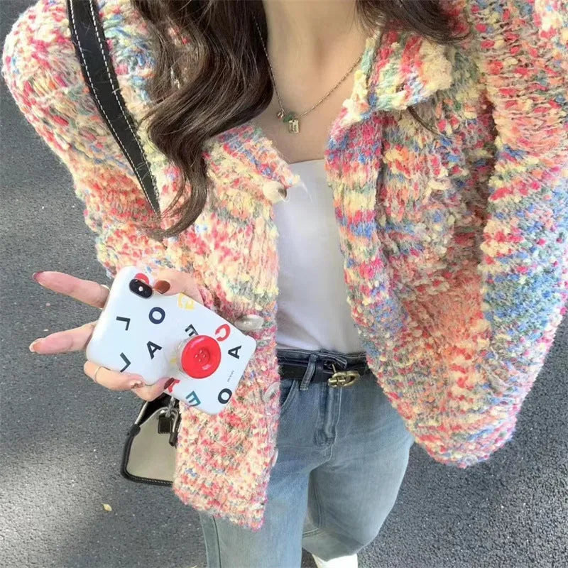Retro style knitted rainbow cardigan sweater in pink or green colour with slim fit design