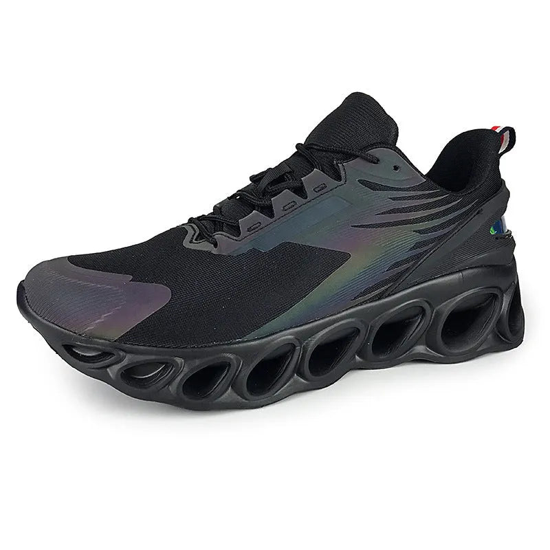 Men's black breathable casual sports shoes with mesh upper, round toe, and flat EVA sole on a white background.