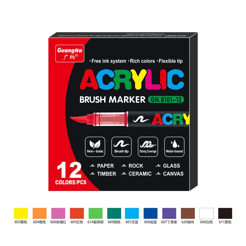 Set of straight liquid acrylic marker pens with soft heads for art painting