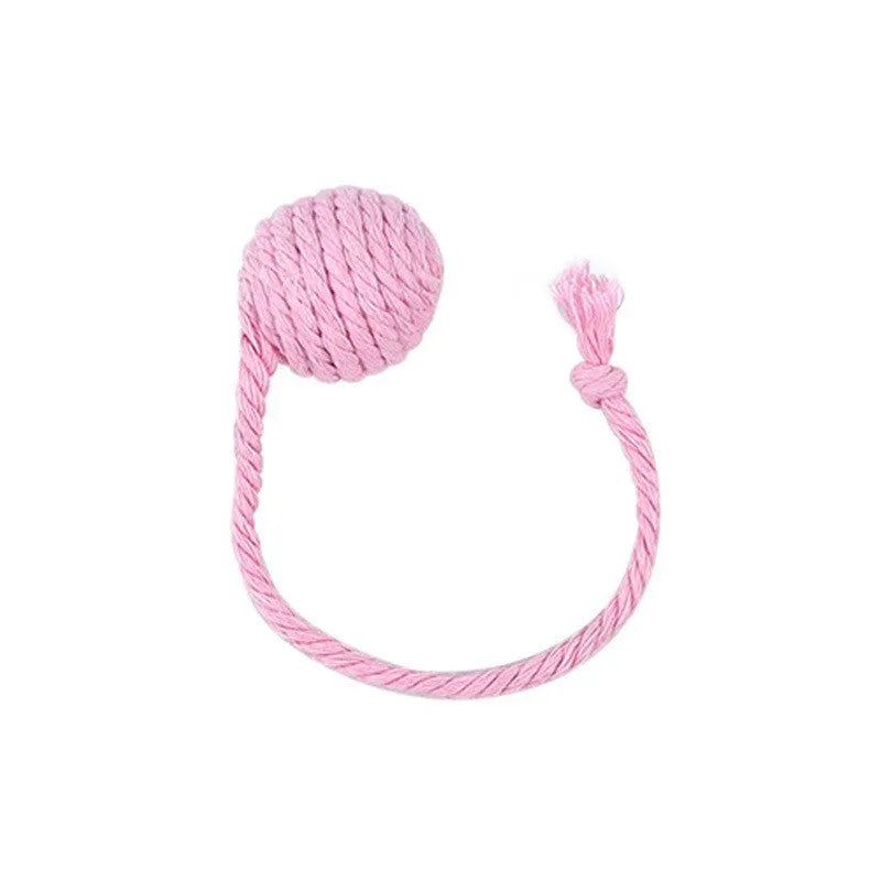 Colourful cat toy ball with rope handle and built-in bell for interactive play