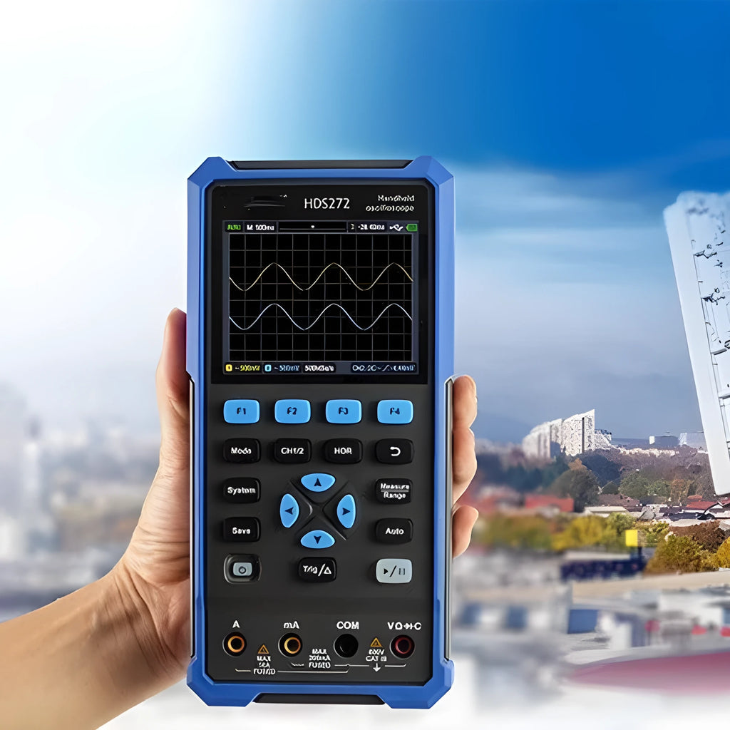 Handheld digital oscilloscope with colour display showing waveform measurement for automotive diagnostics