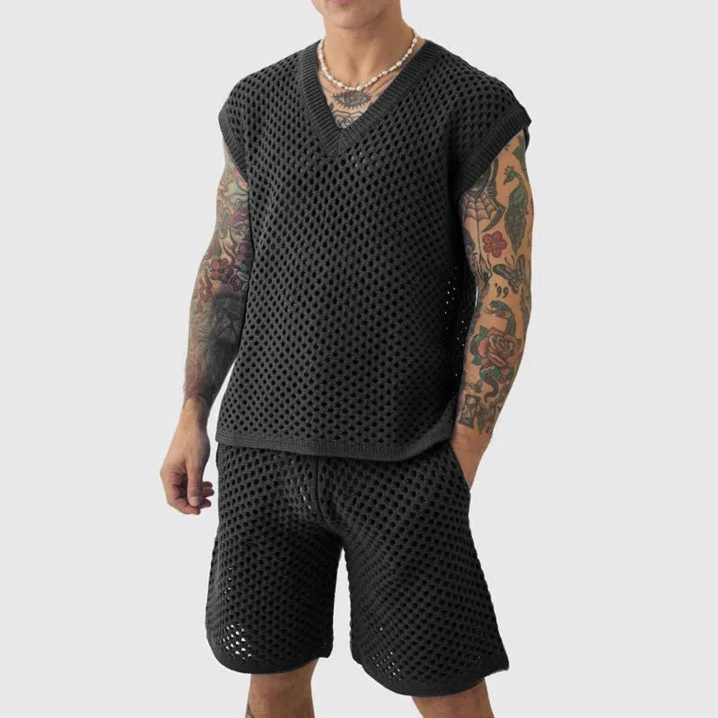 Men's blue knitted vest and shorts sports suit with V-neck and sleeveless design