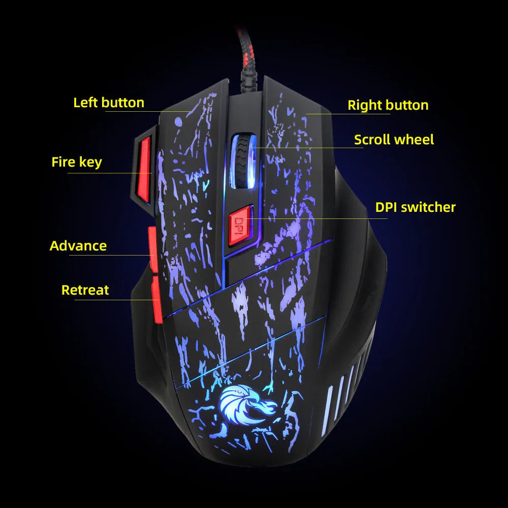 Colourful luminous gaming mouse with ergonomic design and USB cable