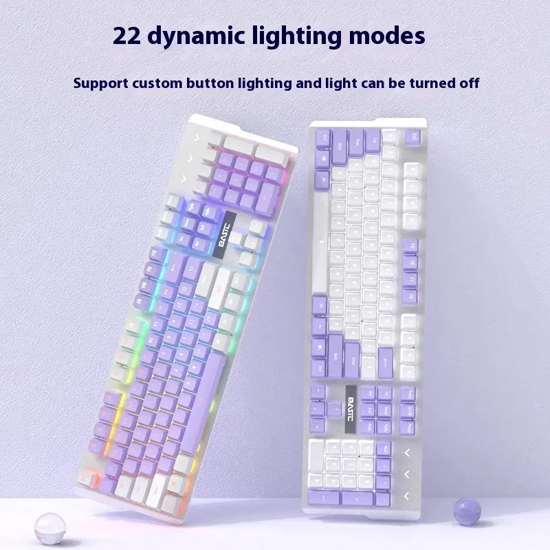 Purple and white mechanical keyboard and mouse set with backlight illumination