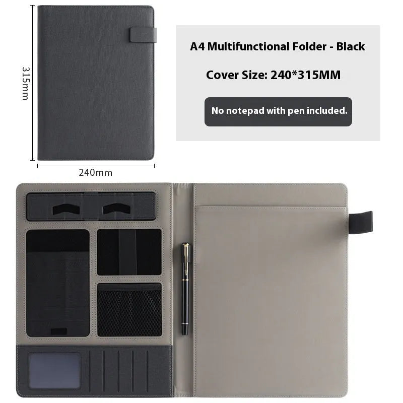 Leather A4 business multifunction folder with notepad and pen holder in black colour