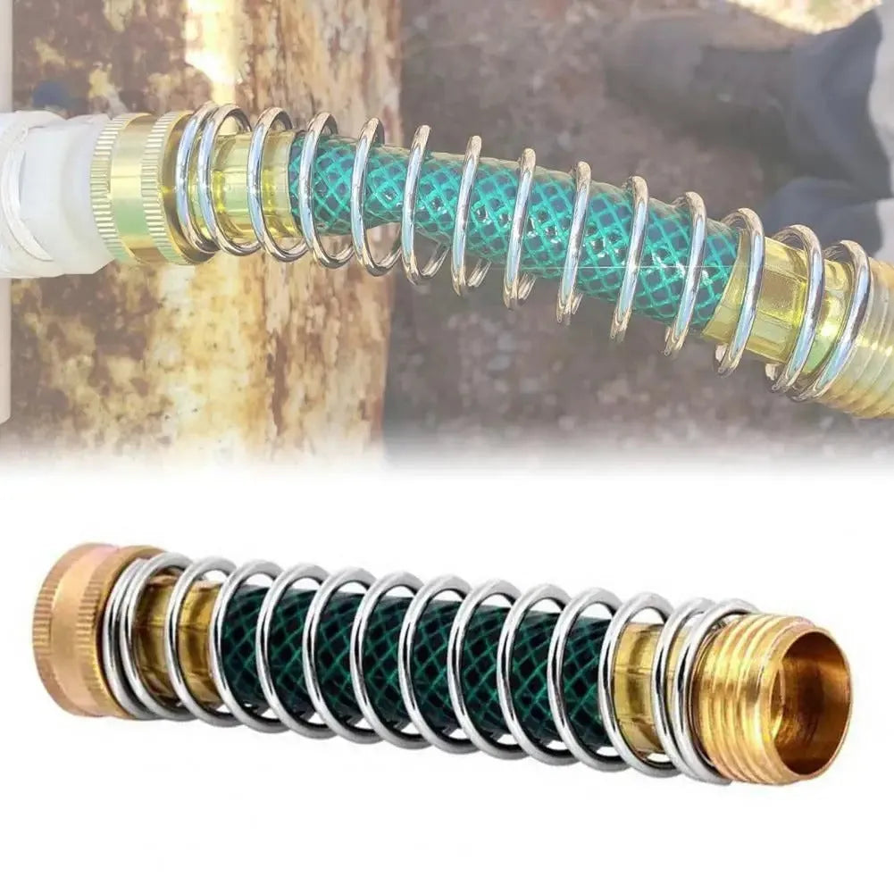 Brass spring hose connector for garden irrigation with 15cm length and threaded connections