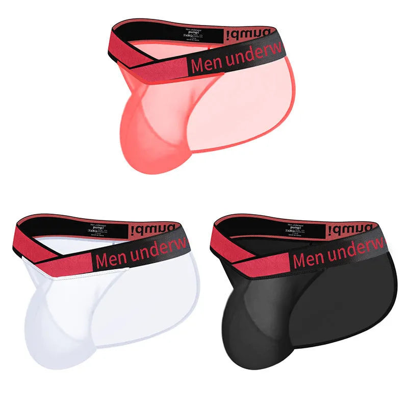 Men's transparent ice silk breathable underwear briefs with large V gradient high fork in red colour