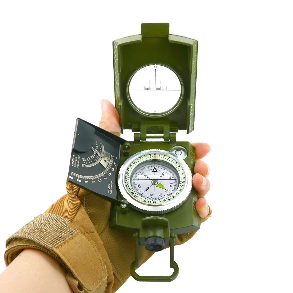 K4074 metal professional outdoor compass with hanging rope and ring, showing scale.