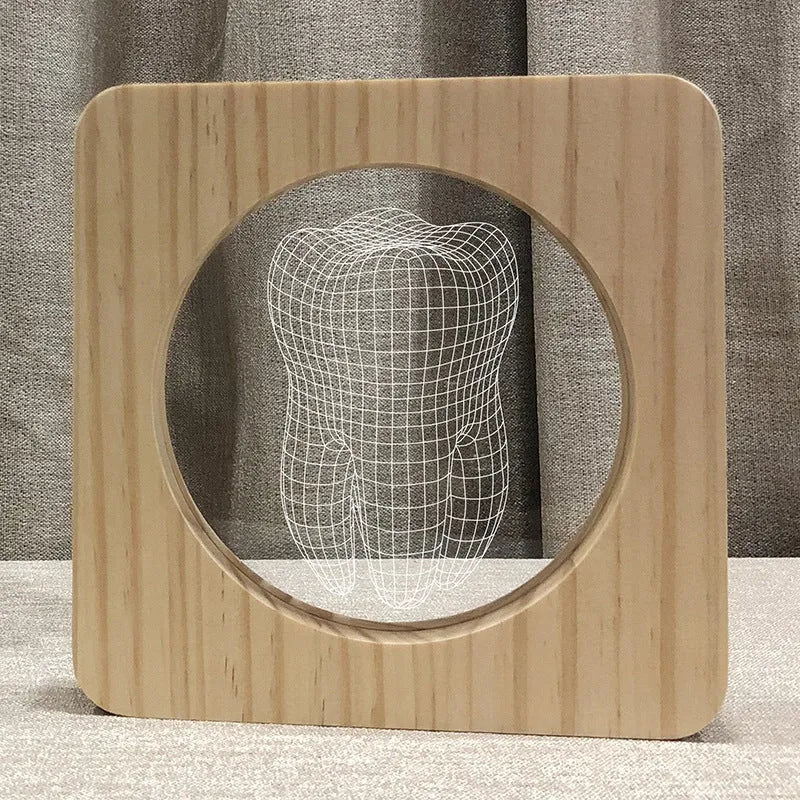 Tooth-shaped wood colour acrylic night light with USB cable, showing 190x190x30mm dimensions