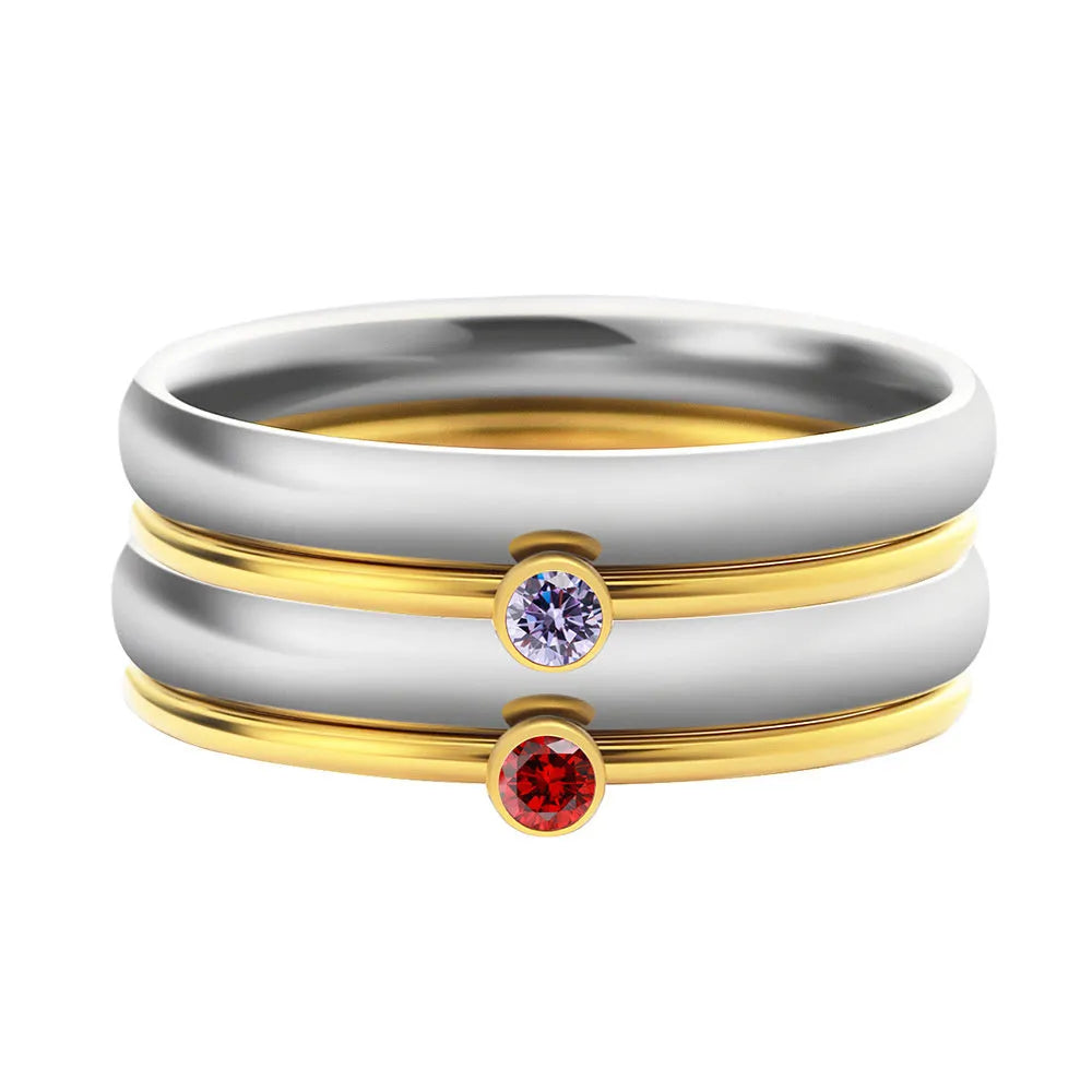 December birthstone engraved titanium steel ring on a geometry band in gold and steel colours