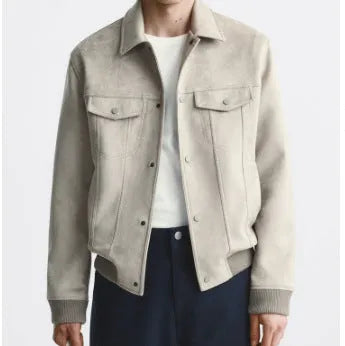 British-style suede velvet commuter jacket in spandex fabric, available in mink and light grey colours