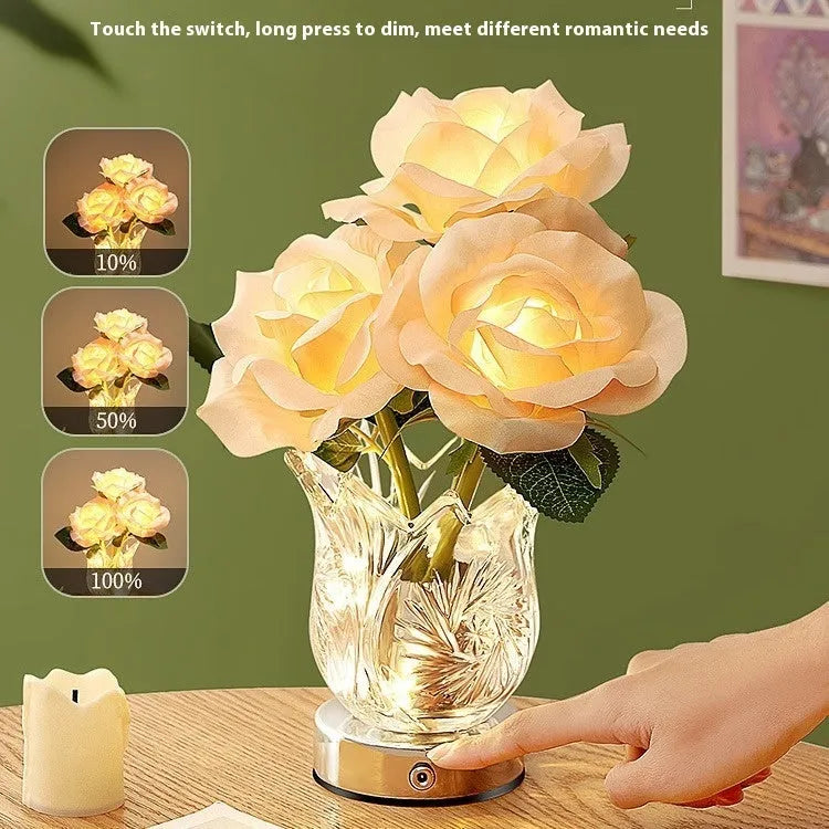 Modern crystal flowers rechargeable table lamp with touch dimming control on a wooden surface.