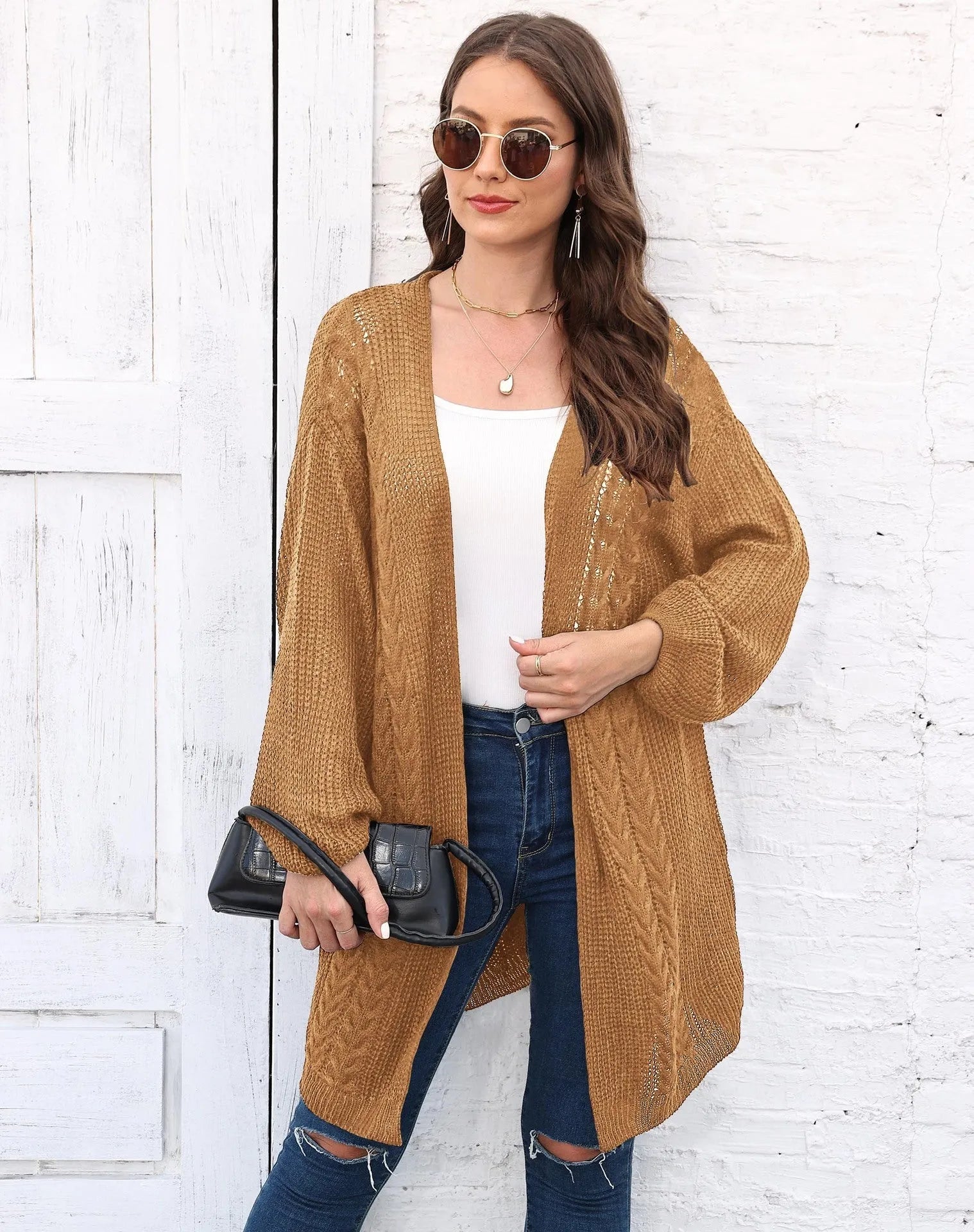 Women's loose acrylic sweater coat in solid colours including army green, black, brown, light grey, and rose red