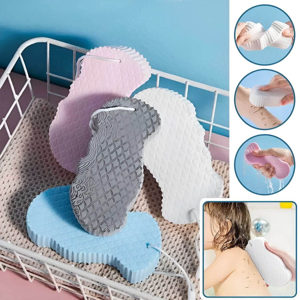 White 3D fish scale pattern bath sponge ball on a bathroom surface