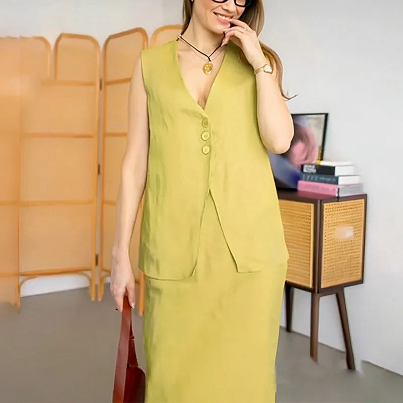 Blue polyester sleeveless vest and long skirt two-piece casual outfit on mannequin