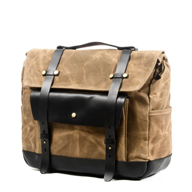 Camel Knight retro cotton messenger bag in army green showing size and internal pockets.