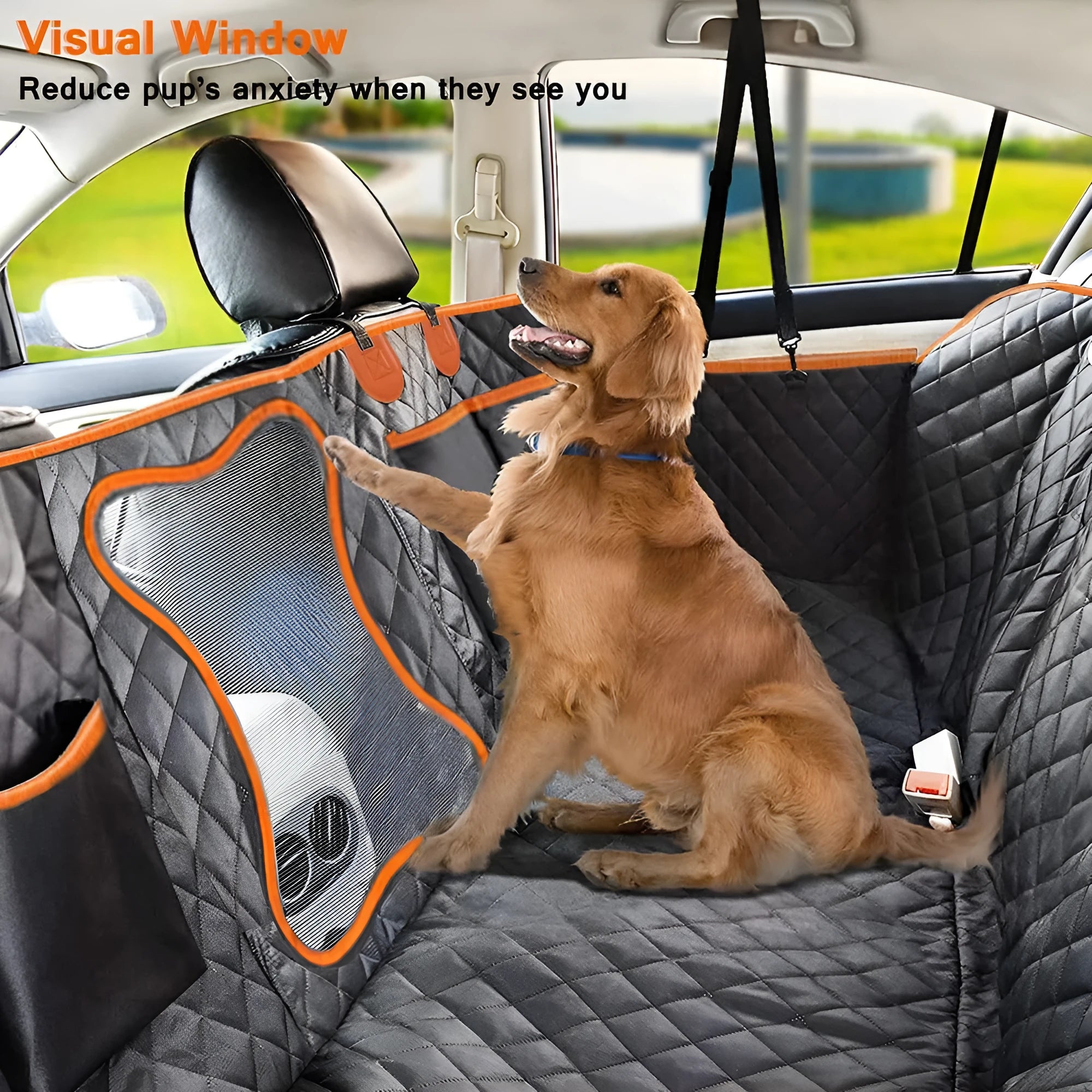 Black and orange edged waterproof pet car seat cover made from 600D Oxford cloth, shown on a car rear seat.