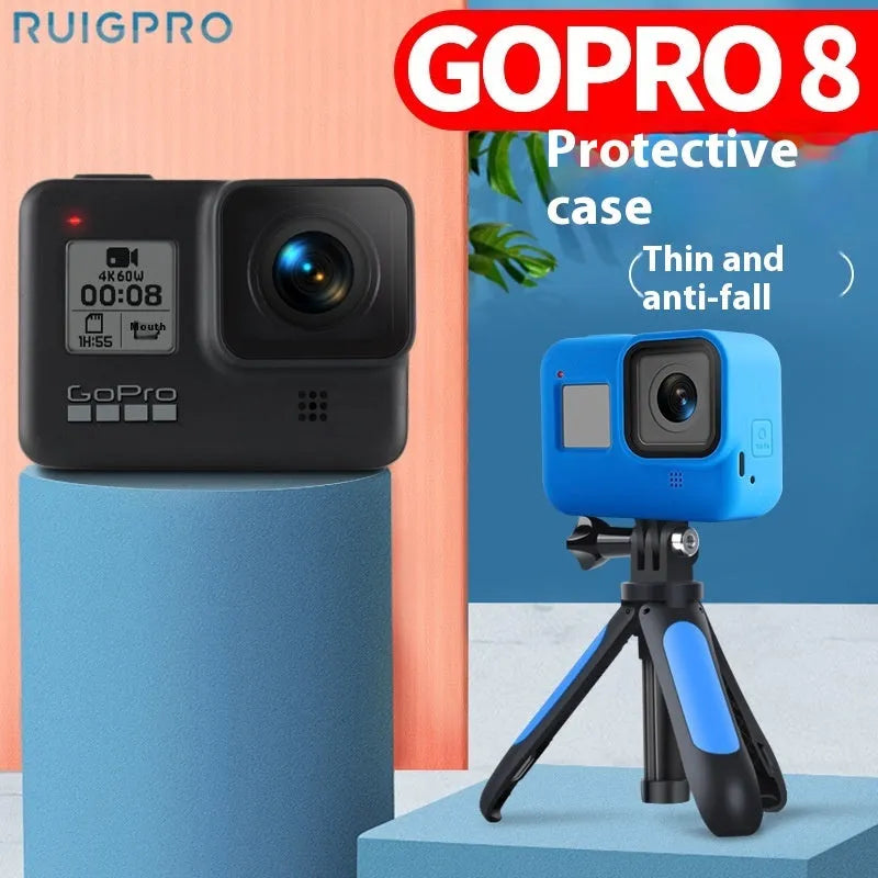 GoPro Hero8 Black silicone protective sleeve and anti-loss carrying strap accessory set in blue.
