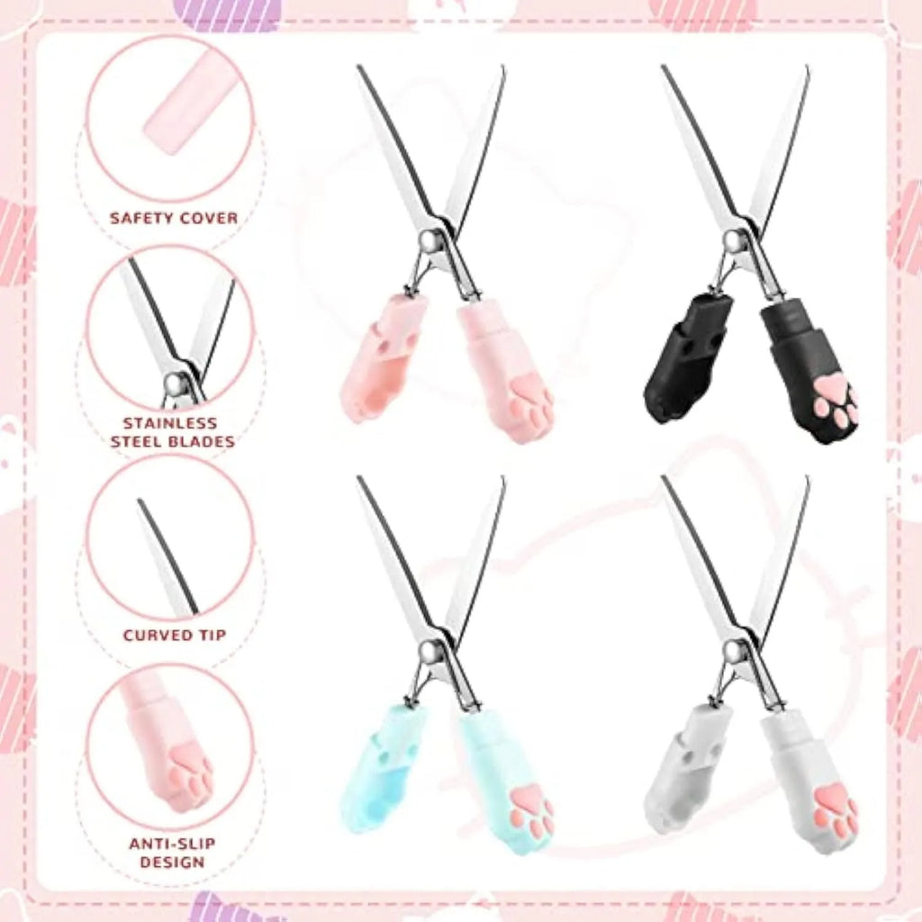 Mini folding craft scissors with cat paw handles in four colours: black, blue, pink, and white.