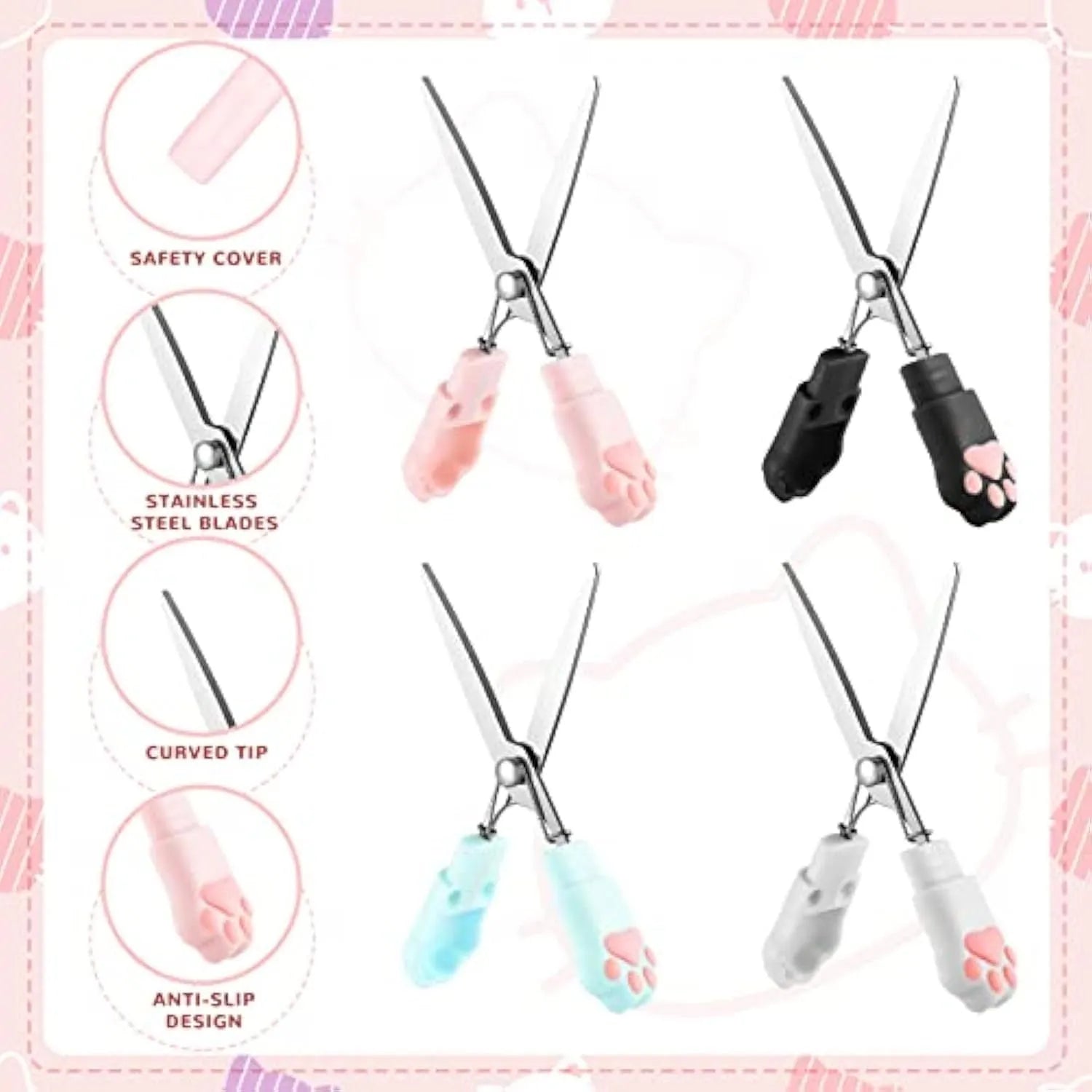 Mini folding craft scissors with cat paw handles in four colours: black, blue, pink, and white.