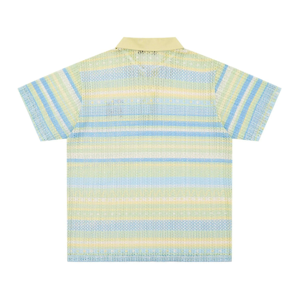 Men's loose-fit casual printed shirt in blue and yellow colours, made from elastic polyester fabric.