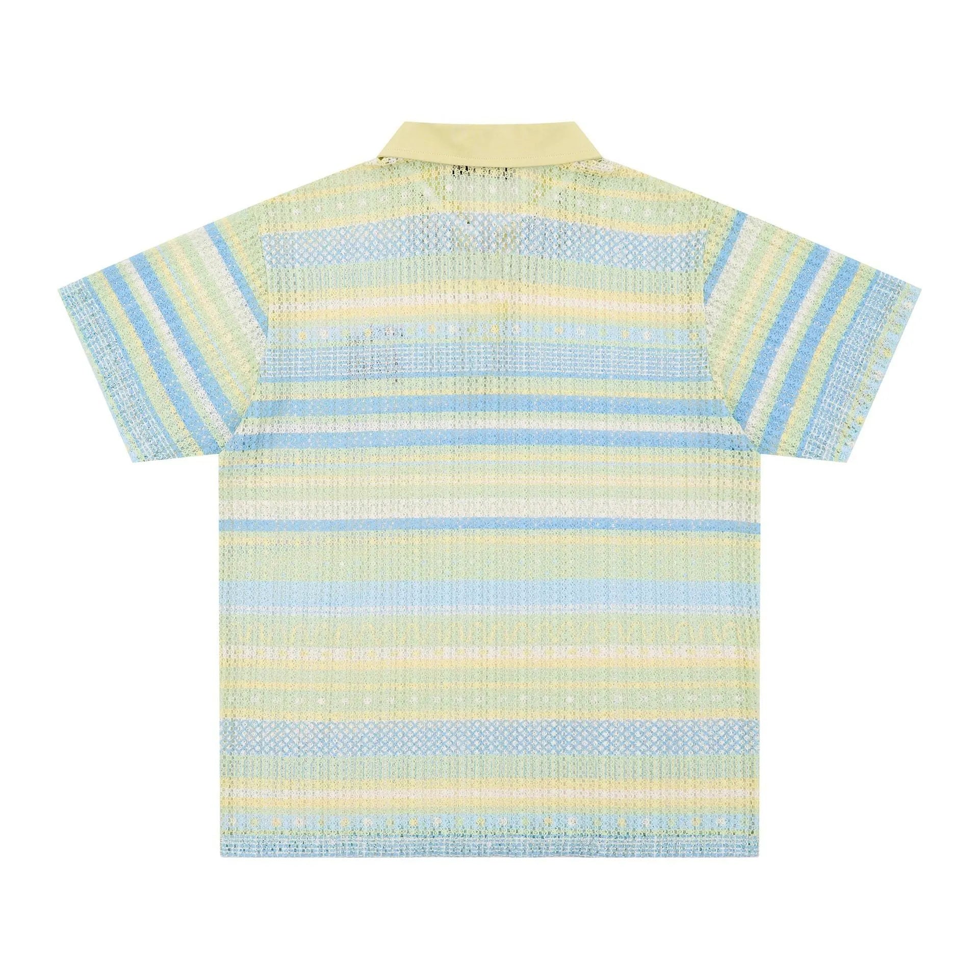 Men's loose-fit casual printed shirt in blue and yellow colours, made from elastic polyester fabric.