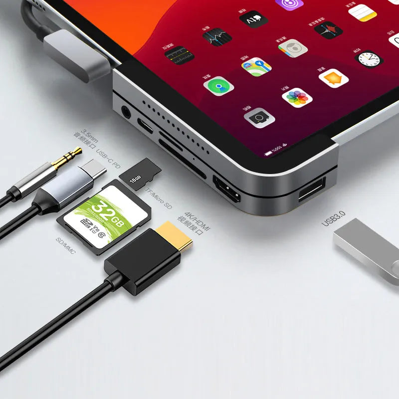 Silver aluminium grey 6-in-1 USB-C docking station for iPad Pro, showing HDMI and USB ports.