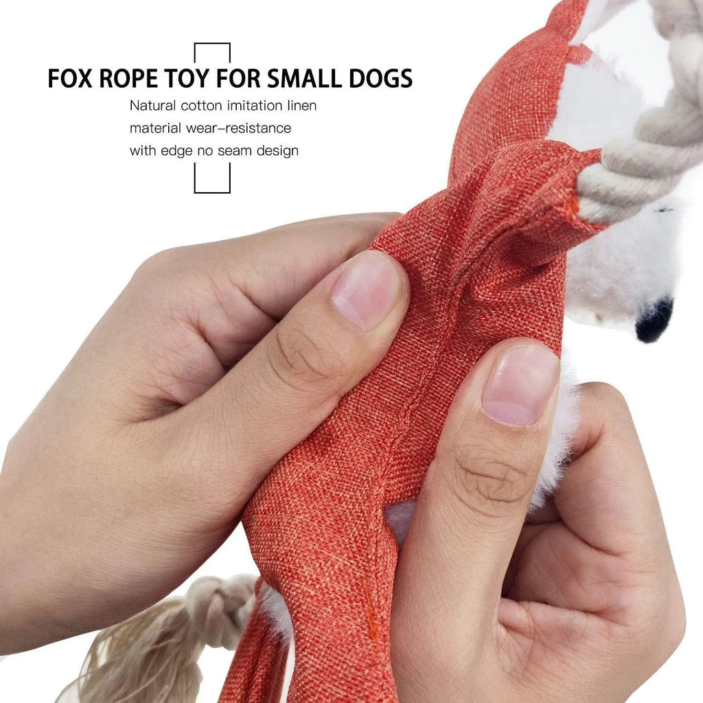 Brown fox plush dog toy with rope arms and legs, embroidered eyes, and a squeaker.